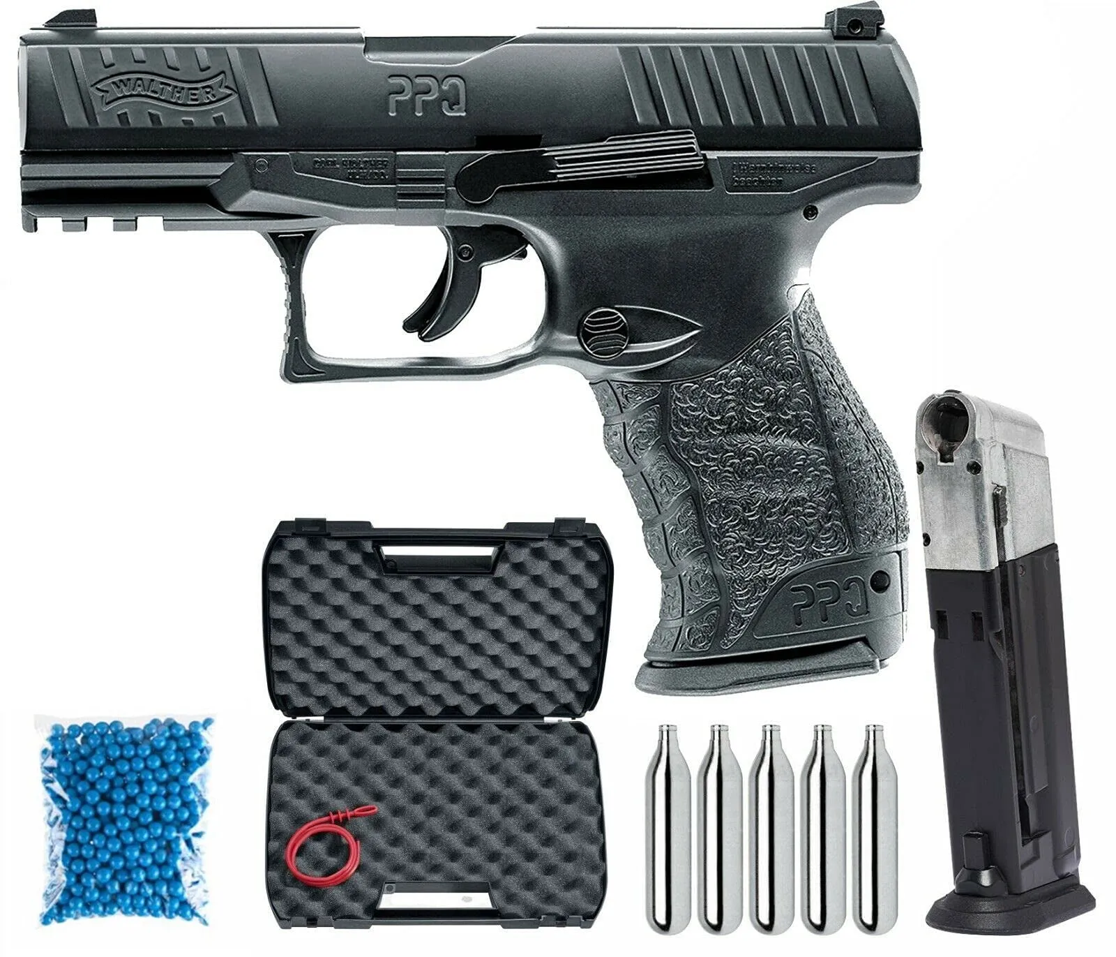 Umarex T4E Walther PPQ M2 CO2 .43 Cal Paintball Pistol Black with Pack of 100x Blue Paintballs and 5x12gr CO2 Tank and Extra Mag Bundle