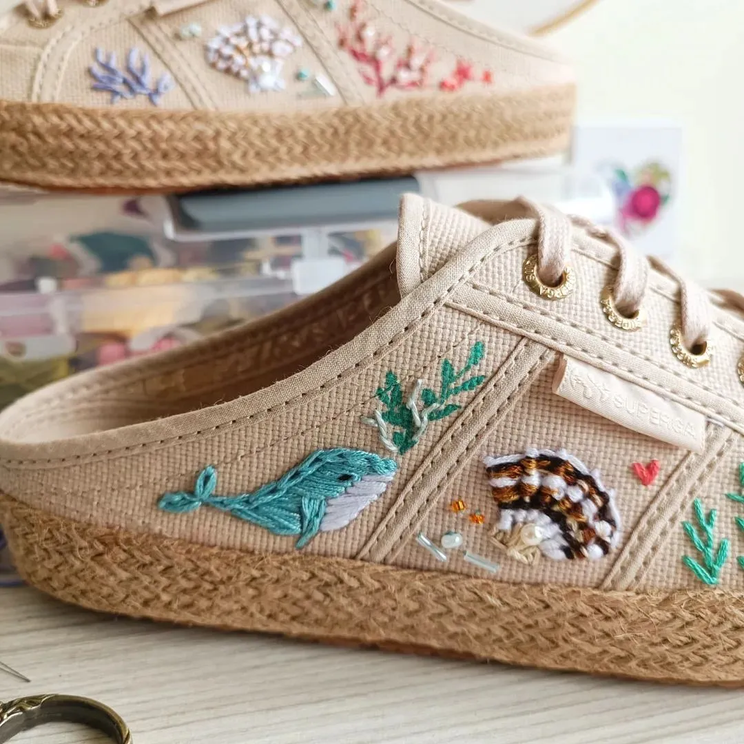 Underwater World on Superga 2402 Mules (Espadrille with Rose Gold Eyelets)