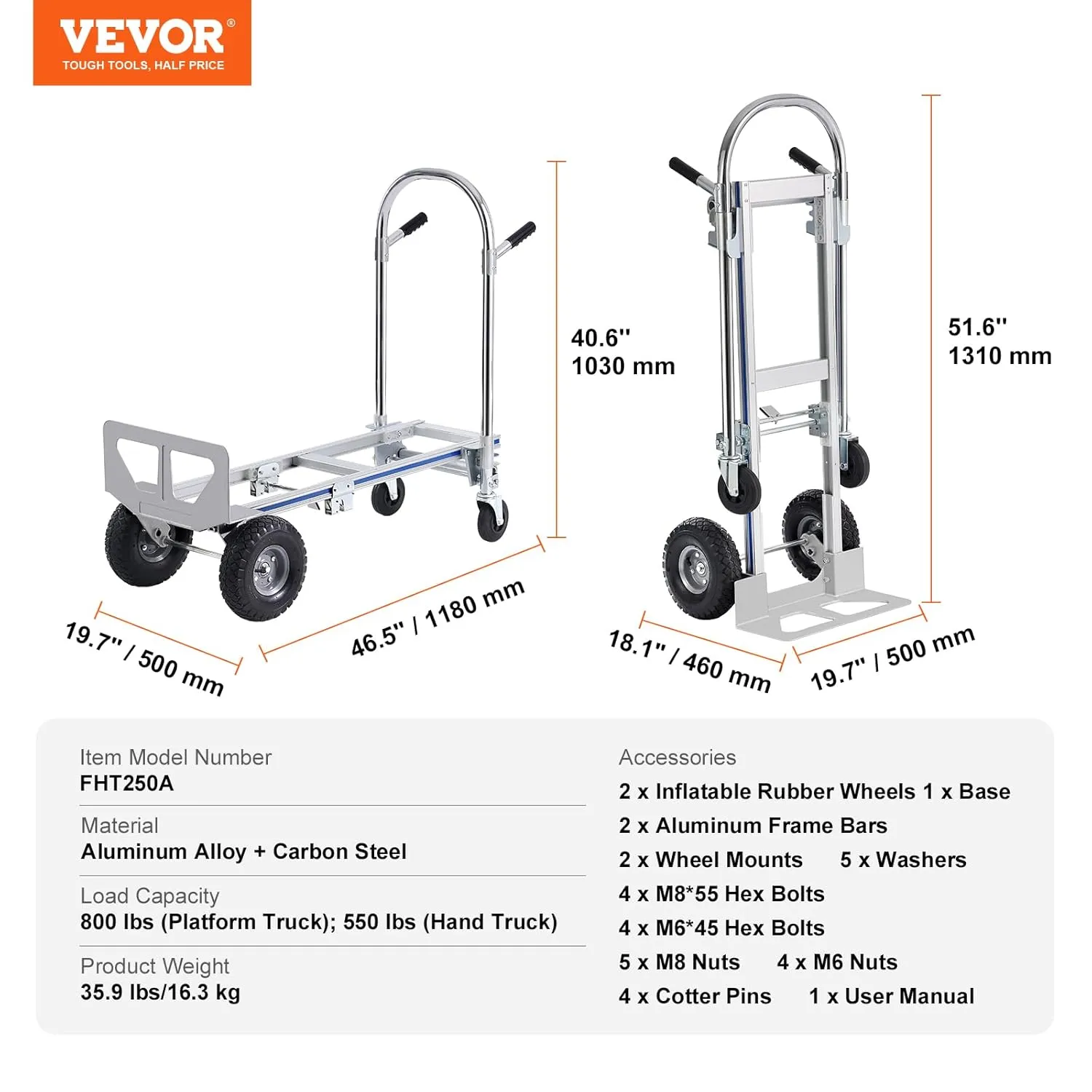VEVOR Aluminum Truck, 2 in 1, 800 lbs Load Capacity, Heavy Duty Industrial Convertible Folding Hand Truck and Dolly, Utility Cart Converts from Hand Truck to Platform Cart with Rubber Wheels