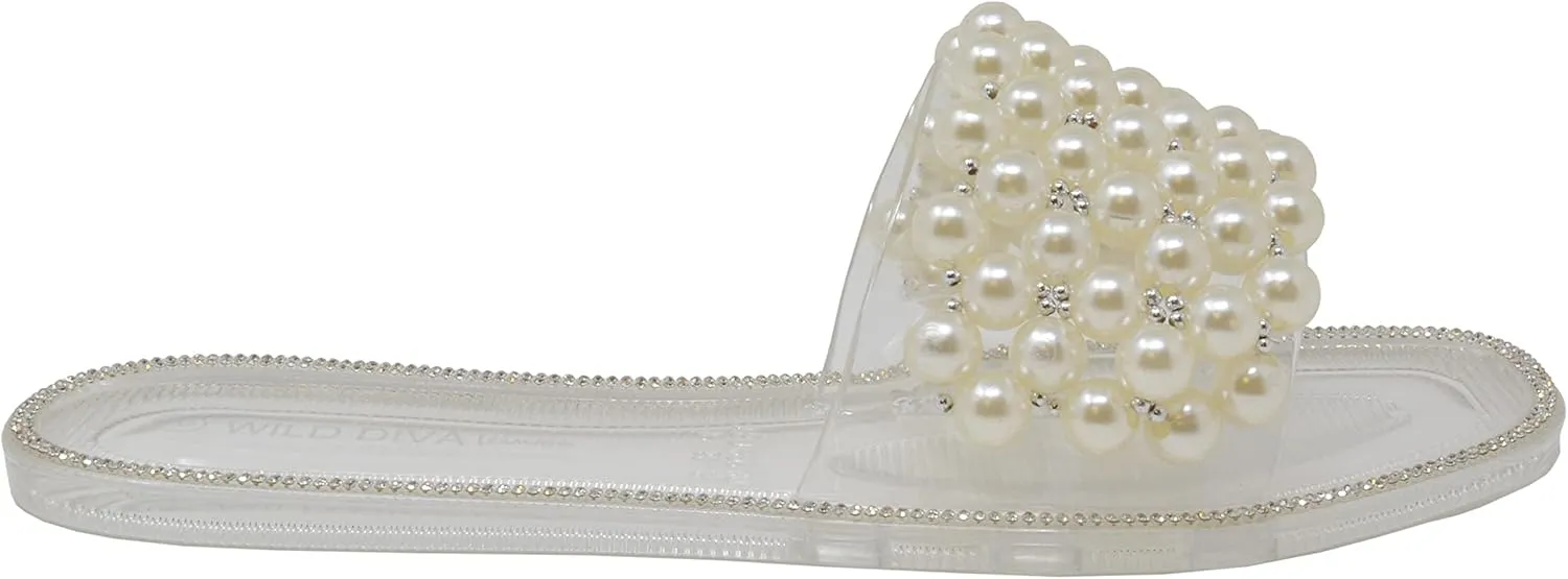Wild Diva Lounge Women's One Band Jelly Rhinestone Slide Sandals