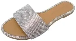 Wild Diva Women's Round Toe Rhinestone Embelished Flat Sandals (Silver, US Footwear Size System, Adult, Women, Numeric, Medium, 9)