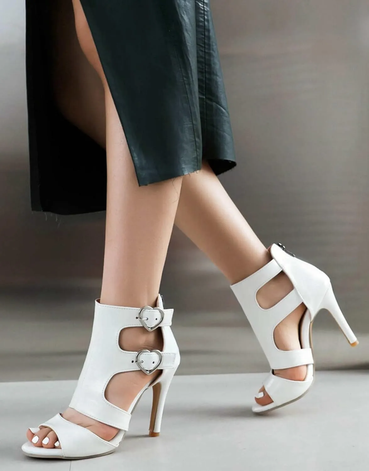Women Peep Toe Sandal Stiletto Heels Dual Buckled Straps Cutout Evening Party Dress Dance Shoes