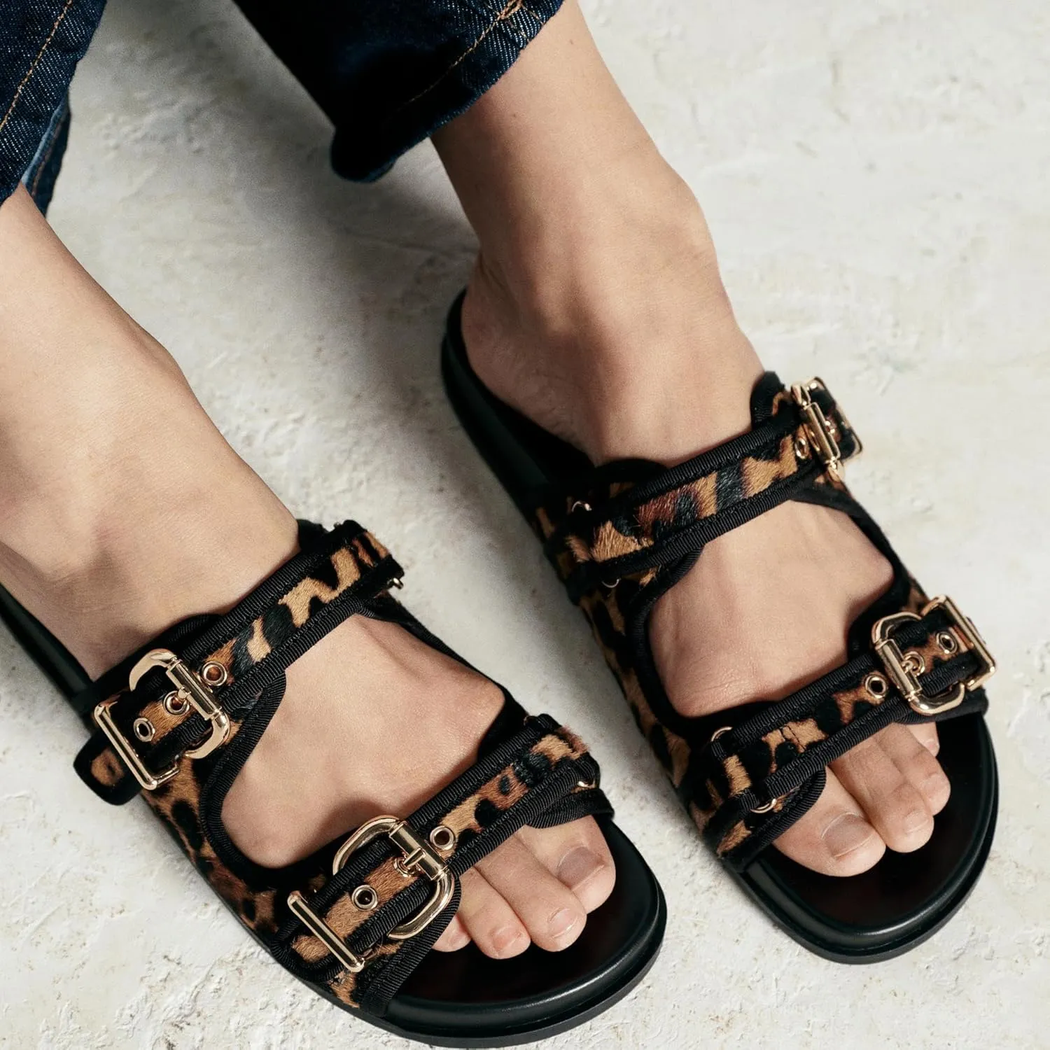 Women's Flat Sandals Open Toe Double Buckle Adjustable Slide Sandal Rubber Footbed Summer Comfort Slippers