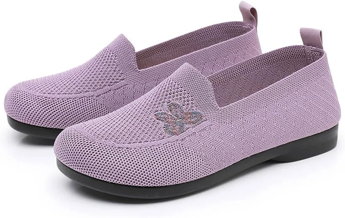 Women's Floral Embroidered Knitted Flat Shoes Casual Breathable Knitted Slip On Loafers National Style Soft Bottom Walking Shoe
