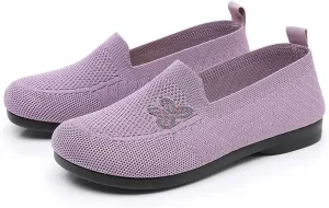 Women's Floral Embroidered Knitted Flat Shoes Casual Breathable Knitted Slip On Loafers National Style Soft Bottom Walking Shoe