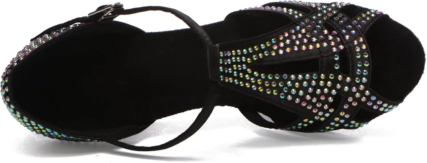 Womens Low High Heel Dance Shoes with Rhinestones Comfortable Wedding Evening Sandals