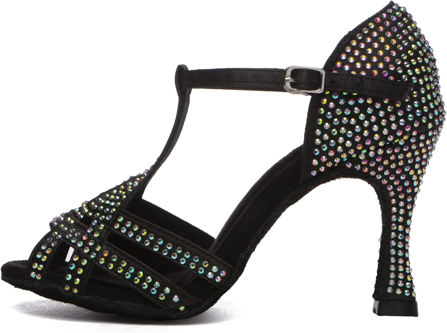 Womens Low High Heel Dance Shoes with Rhinestones Comfortable Wedding Evening Sandals