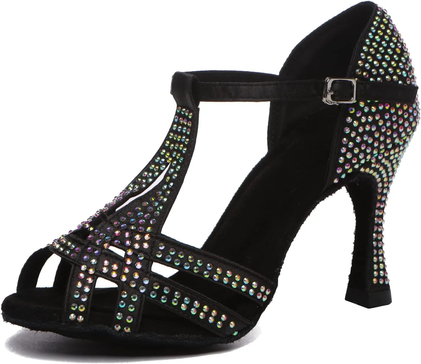 Womens Low High Heel Dance Shoes with Rhinestones Comfortable Wedding Evening Sandals