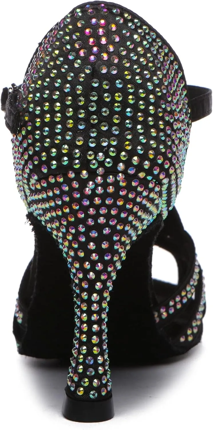 Womens Low High Heel Dance Shoes with Rhinestones Comfortable Wedding Evening Sandals
