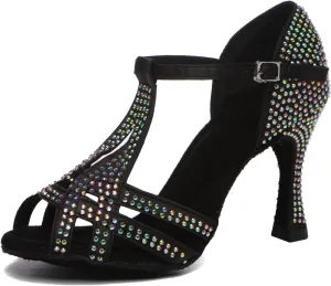 Womens Low High Heel Dance Shoes with Rhinestones Comfortable Wedding Evening Sandals