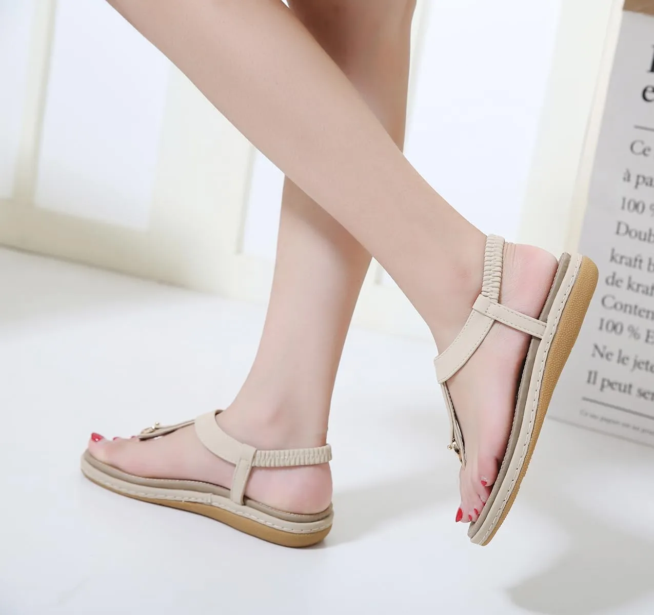 Women's Sandals Bohemia Summer Vintage Beach Flats Beaded Ankle Strappy Sandal Athletic Hiking Sandals Outdoor Walking Sandals