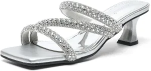Women's Sexy Strappy Rhinestone Kitten Heel Sandals Square Open Toe Slip On Mid Heel Dress Slide Sandals Summer Daily Date Slippers