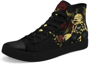 Womens/Mens Fashion High Top Canvas Shoes Lace Up Skull Black Canvas Sneaker Non Slip Casual Comfortable Walking Tennis Shoes