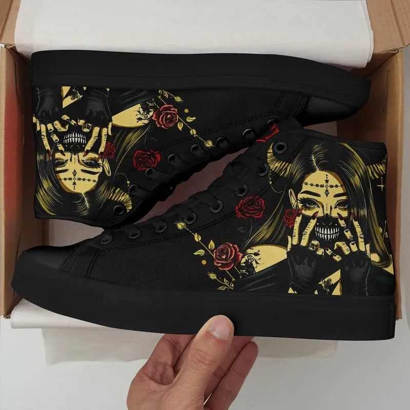 Womens/Mens Fashion High Top Canvas Shoes Lace Up Skull Black Canvas Sneaker Non Slip Casual Comfortable Walking Tennis Shoes