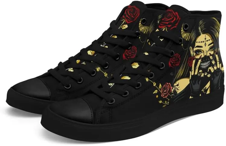 Womens/Mens Fashion High Top Canvas Shoes Lace Up Skull Black Canvas Sneaker Non Slip Casual Comfortable Walking Tennis Shoes