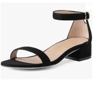 XYD Black Suede Open Toe Ankle Strap Buckled Low Chunky Heel Sandal for Dress