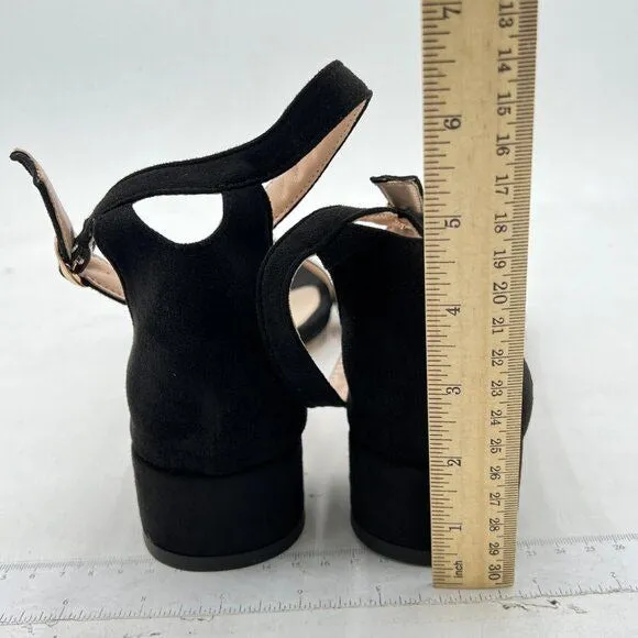XYD Black Suede Open Toe Ankle Strap Buckled Low Chunky Heel Sandal for Dress
