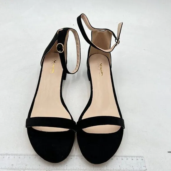 XYD Black Suede Open Toe Ankle Strap Buckled Low Chunky Heel Sandal for Dress