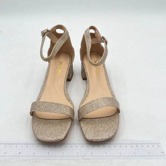 XYD Gold Glitter Open Toe Ankle Strap Buckled Low Chunky Heel Sandal