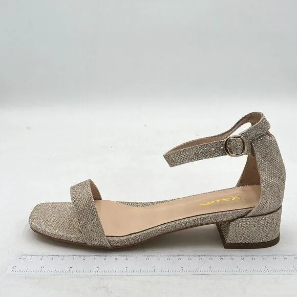 XYD Gold Glitter Open Toe Ankle Strap Buckled Low Chunky Heel Sandal