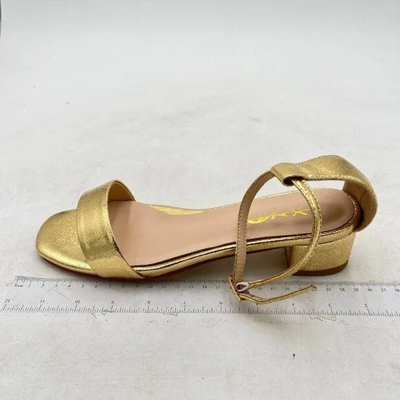 XYD Gold Open Toe Ankle Strap Buckled Low Chunky Heel Sandal for Wedding Dress