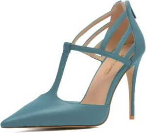 XYD High Stiletto Heels Pumps for Women T-strap Cut Out Pointed Toe Strappy Back Zip Office Lady Dress Party Sandal Shoes