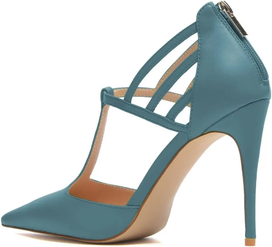 XYD High Stiletto Heels Pumps for Women T-strap Cut Out Pointed Toe Strappy Back Zip Office Lady Dress Party Sandal Shoes