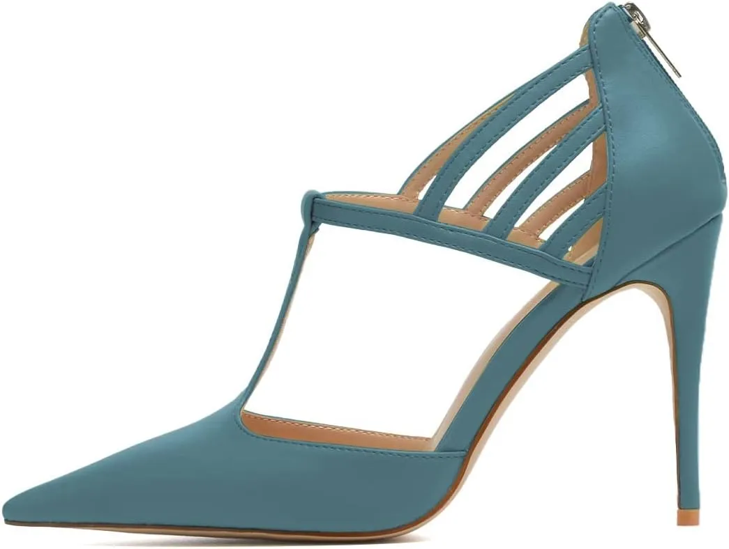 XYD High Stiletto Heels Pumps for Women T-strap Cut Out Pointed Toe Strappy Back Zip Office Lady Dress Party Sandal Shoes