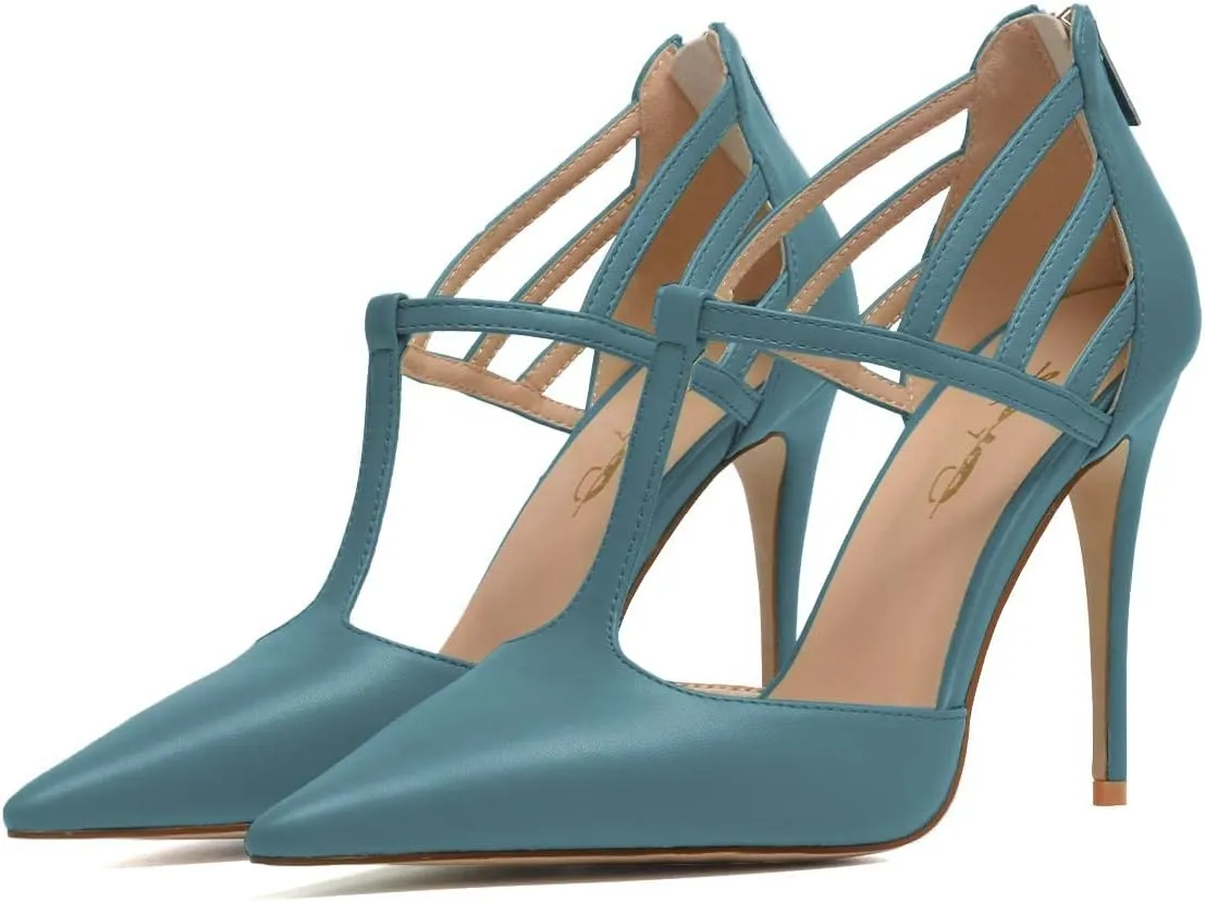 XYD High Stiletto Heels Pumps for Women T-strap Cut Out Pointed Toe Strappy Back Zip Office Lady Dress Party Sandal Shoes