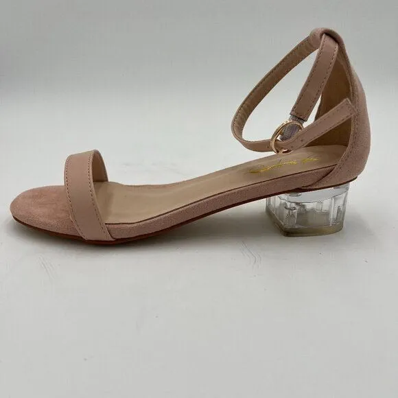 XYD Nude Open Toe Strappy Clear Low Block Heel Sandal Ankle Strap Buckled Shoes