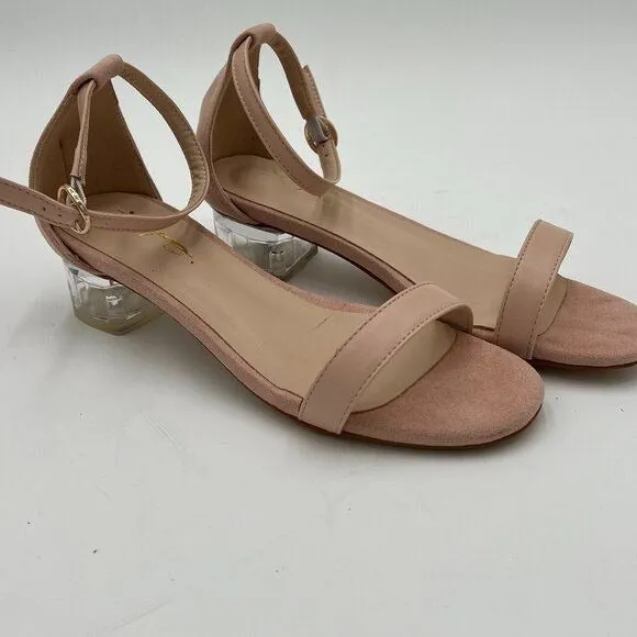 XYD Nude Open Toe Strappy Clear Low Block Heel Sandal Ankle Strap Buckled Shoes