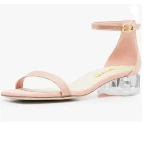 XYD Nude Open Toe Strappy Clear Low Block Heel Sandal Ankle Strap Buckled Shoes