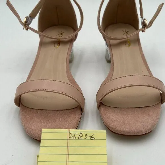 XYD Nude Open Toe Strappy Clear Low Block Heel Sandal Ankle Strap Buckled Shoes