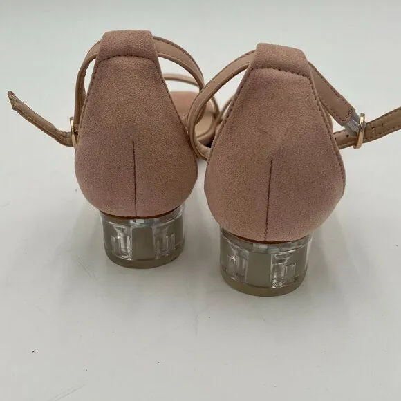 XYD Nude Open Toe Strappy Clear Low Block Heel Sandal Ankle Strap Buckled Shoes