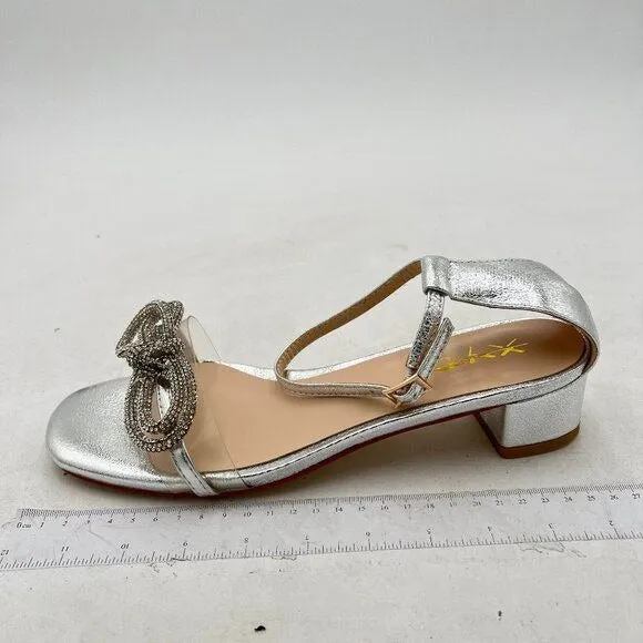 XYD Silver Rhinestones Bow Clear Open Toe Ankle Strap Buckled Chunky Heel Sandal