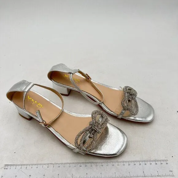 XYD Silver Rhinestones Bow Clear Open Toe Ankle Strap Buckled Chunky Heel Sandal