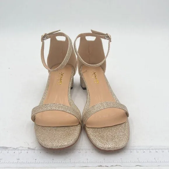 XYD Tan Glitter Open Toe Ankle Strap Buckled Low Chunky Heel Wedding Sandal
