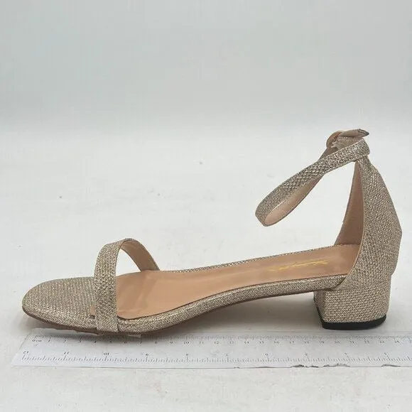 XYD Tan Glitter Open Toe Ankle Strap Buckled Low Chunky Heel Wedding Sandal