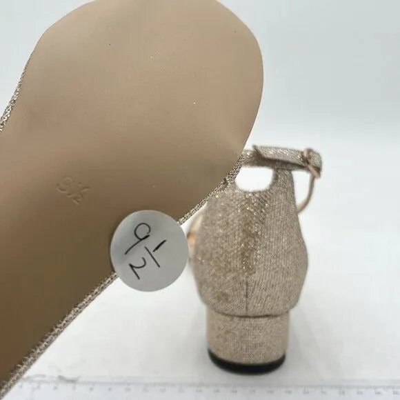 XYD Tan Glitter Open Toe Ankle Strap Buckled Low Chunky Heel Wedding Sandal