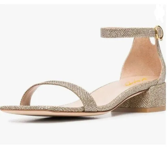 XYD Tan Glitter Open Toe Ankle Strap Buckled Low Chunky Heel Wedding Sandal