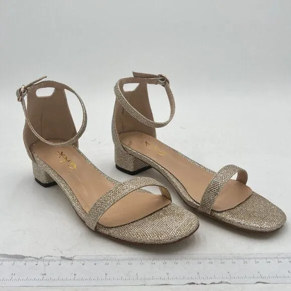 XYD Tan Glitter Open Toe Ankle Strap Buckled Low Chunky Heel Wedding Sandal