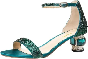 XYD Women Open Toe Rhinestone Low Heel Sandal Pumps Ankle Strap Buckled Bejeweled Crystal Bridal Shoes