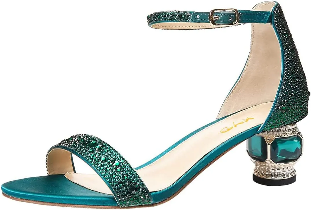 XYD Women Open Toe Rhinestone Low Heel Sandal Pumps Ankle Strap Buckled Bejeweled Crystal Bridal Shoes