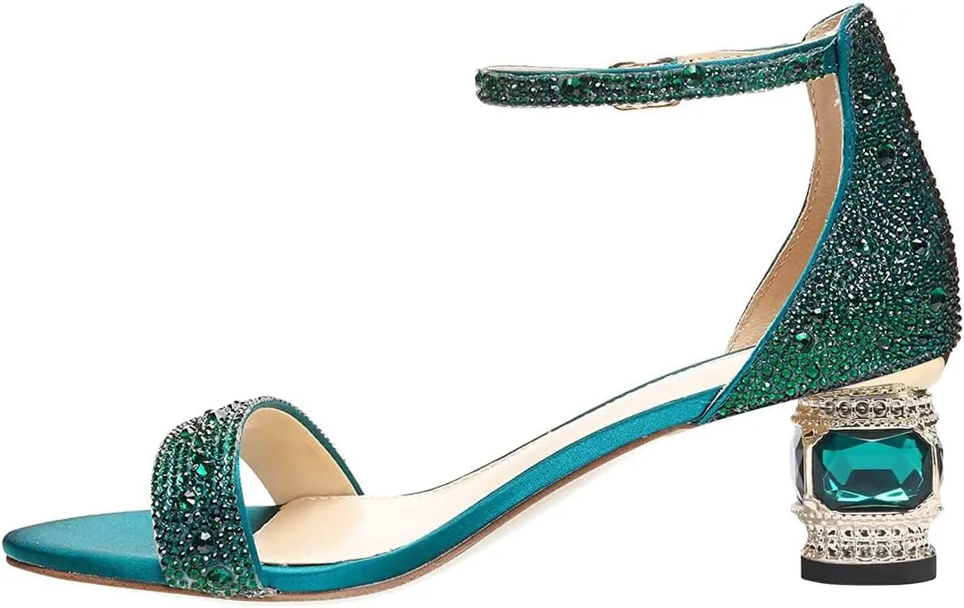 XYD Women Open Toe Rhinestone Low Heel Sandal Pumps Ankle Strap Buckled Bejeweled Crystal Bridal Shoes