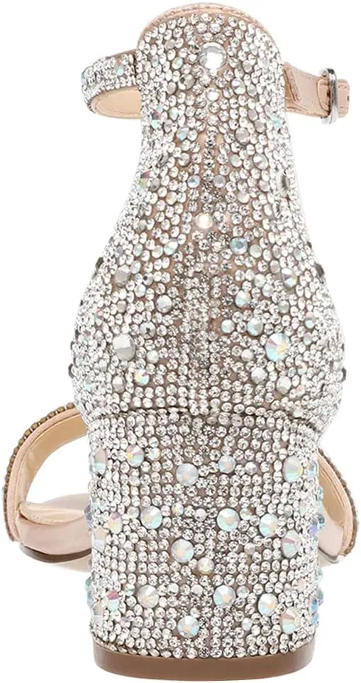 XYD Women Open Toe Studded Rhinestone Low Block Heel Bejeweled Sandal Pumps Ankle Strap Buckled Sparkling Wedding Bridal Dress Evening Shoes