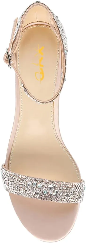 XYD Women Open Toe Studded Rhinestone Low Block Heel Bejeweled Sandal Pumps Ankle Strap Buckled Sparkling Wedding Bridal Dress Evening Shoes