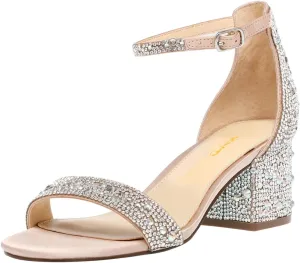 XYD Women Open Toe Studded Rhinestone Low Block Heel Bejeweled Sandal Pumps Ankle Strap Buckled Sparkling Wedding Bridal Dress Evening Shoes