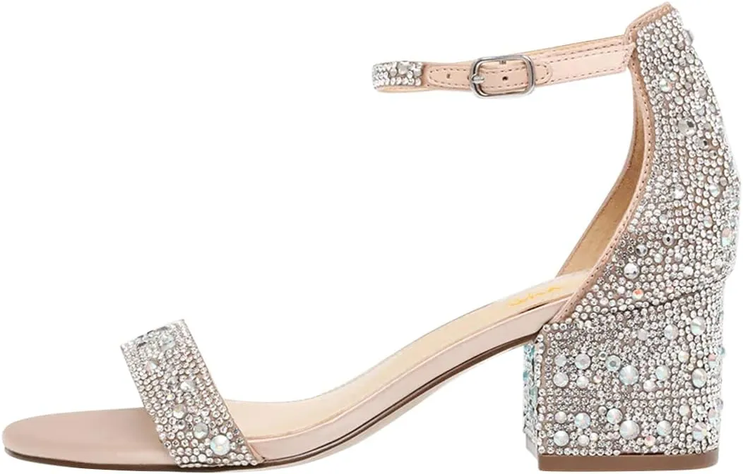 XYD Women Open Toe Studded Rhinestone Low Block Heel Bejeweled Sandal Pumps Ankle Strap Buckled Sparkling Wedding Bridal Dress Evening Shoes