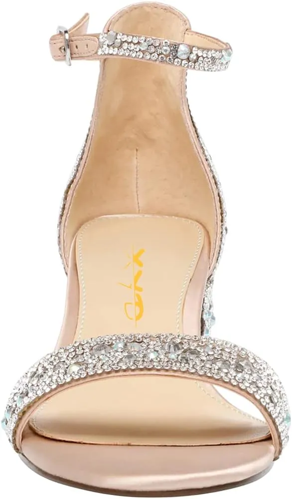 XYD Women Open Toe Studded Rhinestone Low Block Heel Bejeweled Sandal Pumps Ankle Strap Buckled Sparkling Wedding Bridal Dress Evening Shoes