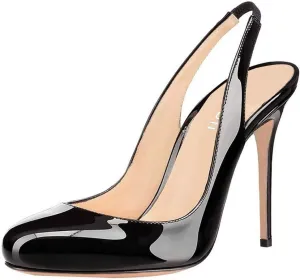 YDN Women Round Toe High Heels Pumps Slip on Stiletto Patent Evening Shoes with Slingback 4-15